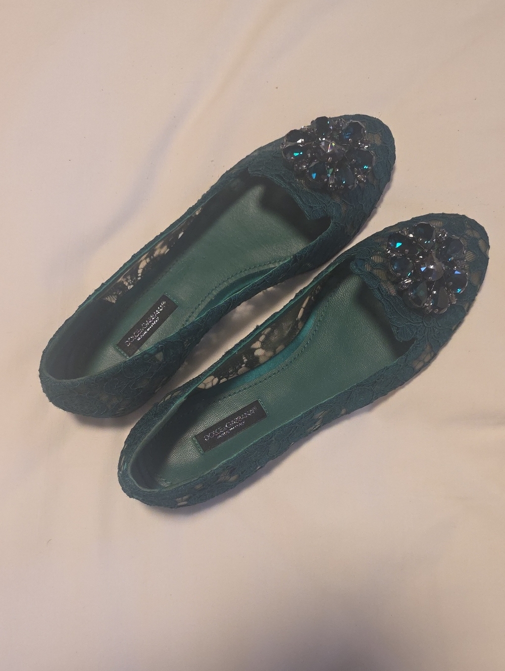 Dolce & Gabbana Teal Lace Jeweled Flats